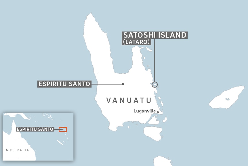 Map of Satoshi Island in relation to Australia.