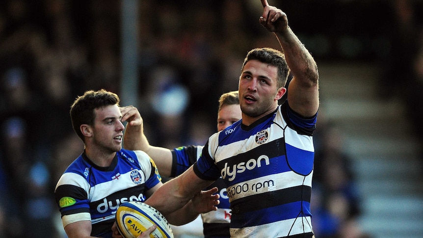 Sam Burgess celebrates his first try for Bath