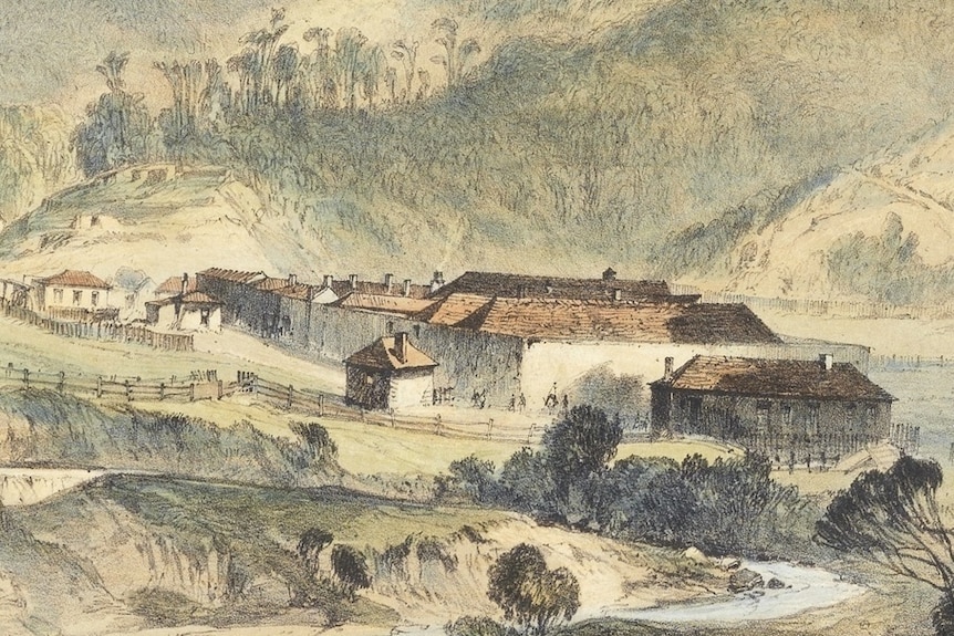 An 1800s illustration of a small factory in Australian bushland