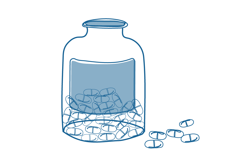An illustration of a medicine bottle with pills in it.