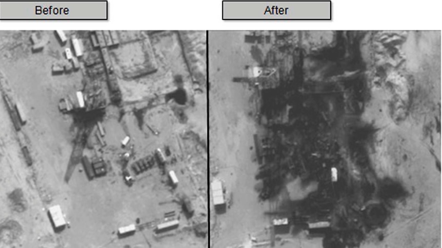 Before and after pictures show damage to the Gbiebe Modular Oil Refinery in Syria following air strikes by US and coalition forces.