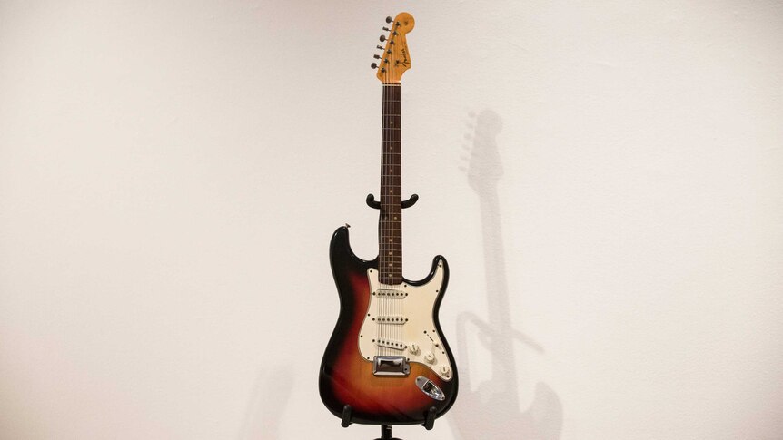 Bob Dylan's electric guitar is seen at an auction preview at Christie's auction house