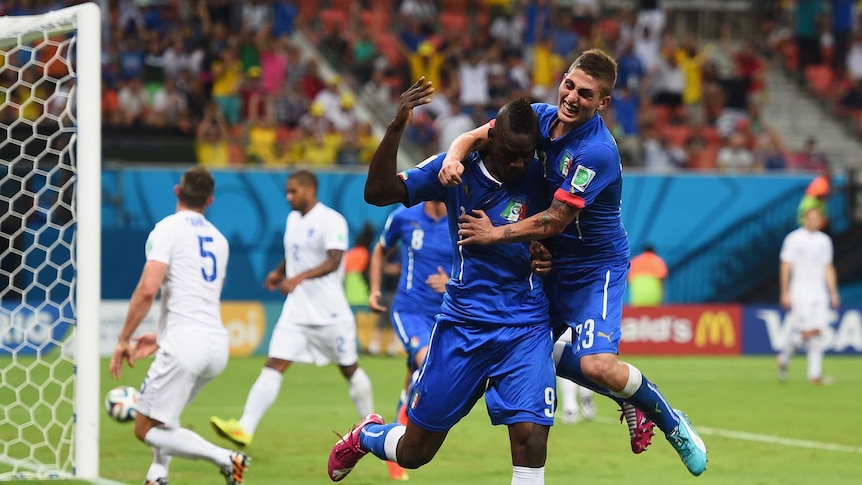 Mario Balotelli and Marco Verratti celebrate Italy's second goal against England