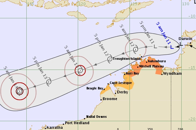 A cyclone track map showing the likely path of TC Claudia