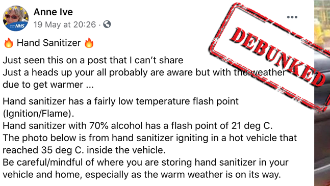 Facebook post claiming that hand sanitiser combusts at relatively low temperatures with a large debunked stamp on top