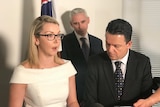 Senator Skye Kakoschke-Moore speaks at a press conference with her husband Simon and Nick Xenophon