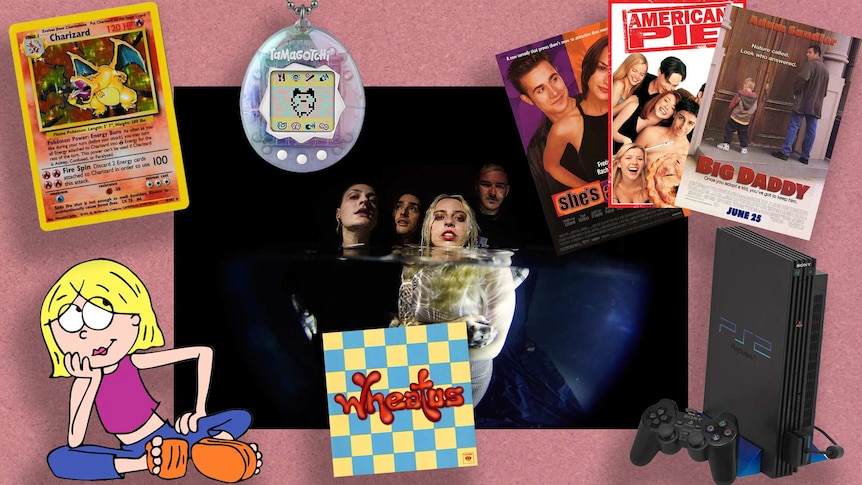 A collage of Eliza & The Delusionals with photoshopped images of a Pokemon Card, Lizzie McGuire, Tamagotchi, Wheatus single, PS2