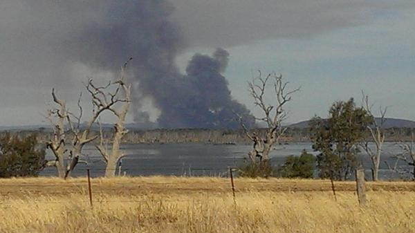A grass-fire near Barmoral, as seen from Toolondo reservoir.