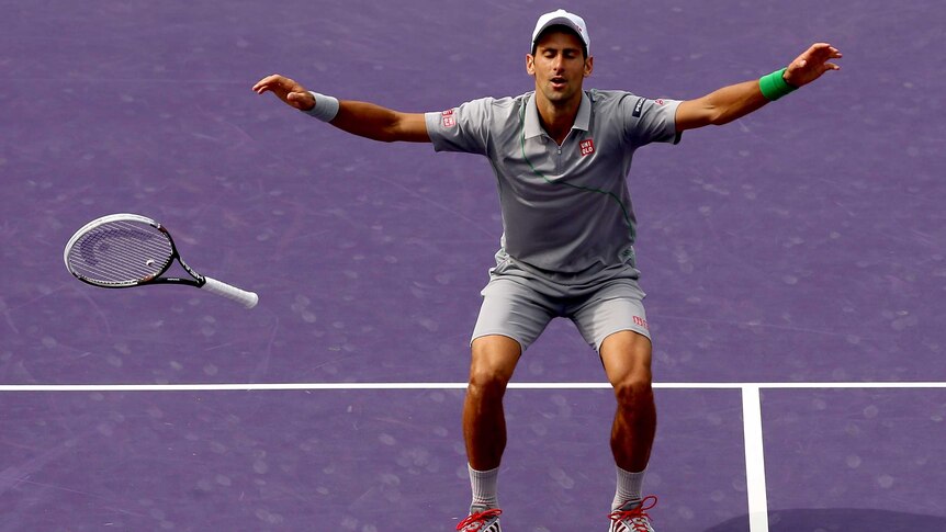 Serbia's Novak Djokovic celebrates his win in the Miami Masters final over Spain's Rafael Nadal.
