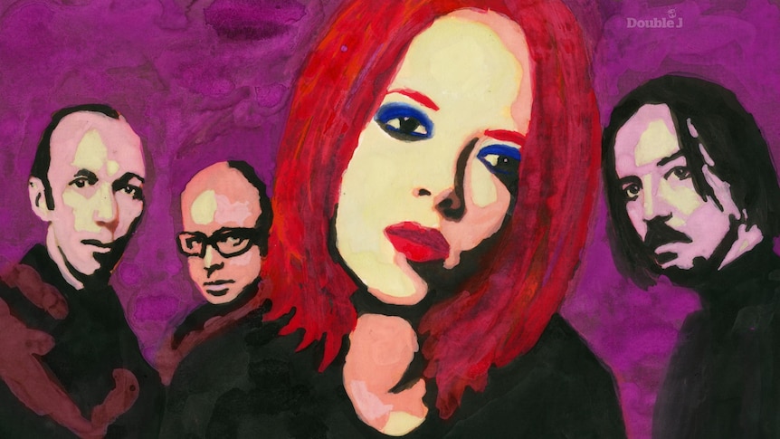 illustrated image of the four members of rock band garbage. shirley manson is at the front with red hair