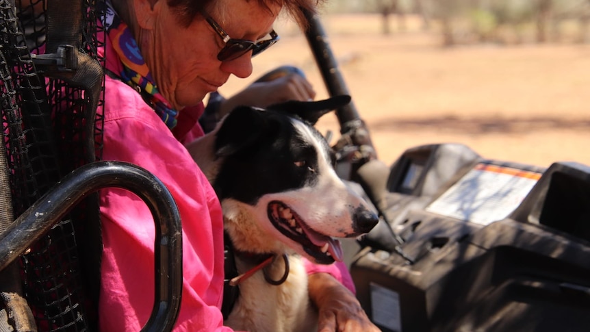 A lady in a pick shirt cuddles her smiling dog