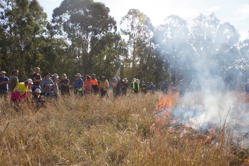People standing around watching a fire burning in tall grass