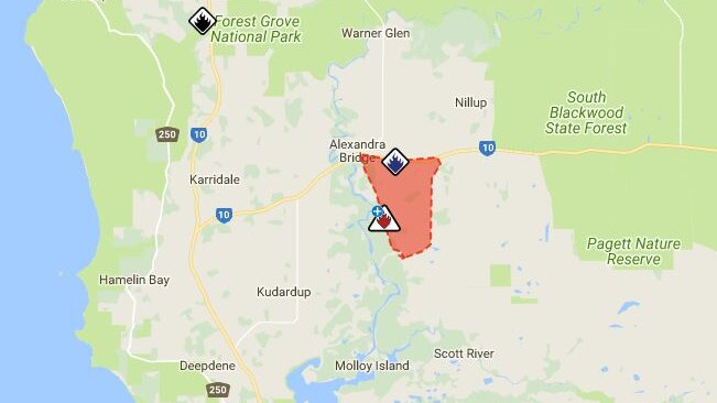 A map showing the fire zone of the Emergency Warning issued for a blaze in Augusta-Margaret River.
