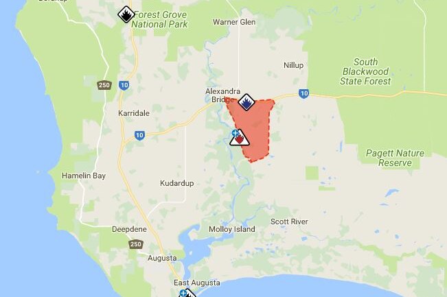 A map showing the fire zone of the Emergency Warning issued for a blaze in Augusta-Margaret River.