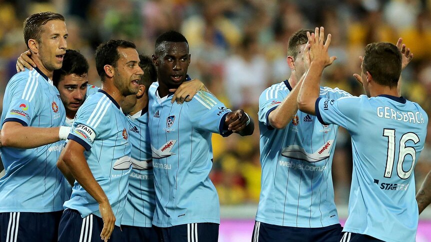 Sydney FC celebrates a goal against Central Coast Mariners