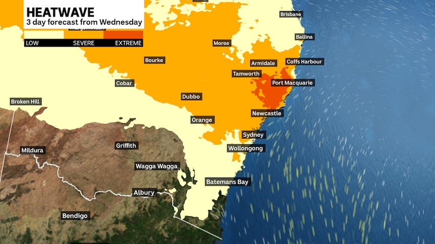 A map of NSW and upper Victoria showing the heatwave forecast.