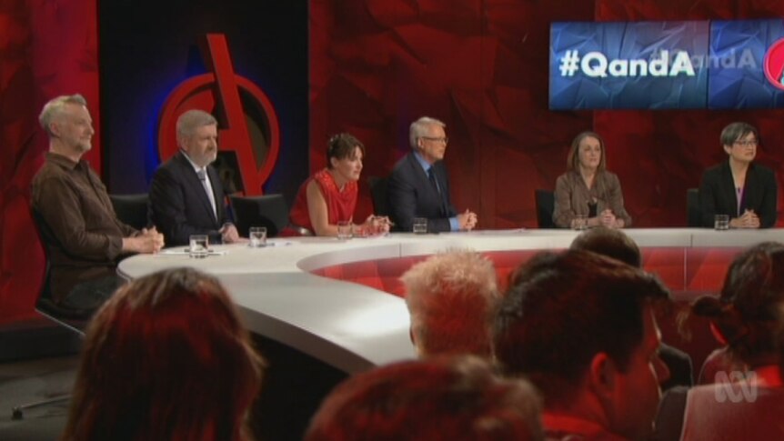 Sitting on the Q&A panel left to right is: Billy Bragg, Mitch Fifield, Nikki Gemmell, Margaret Somerville and Penny Wong.
