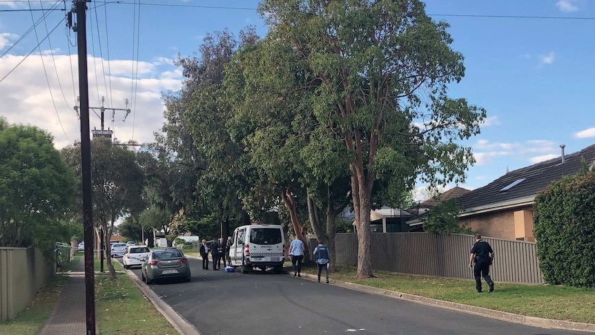 A suburban street with police cars and a van