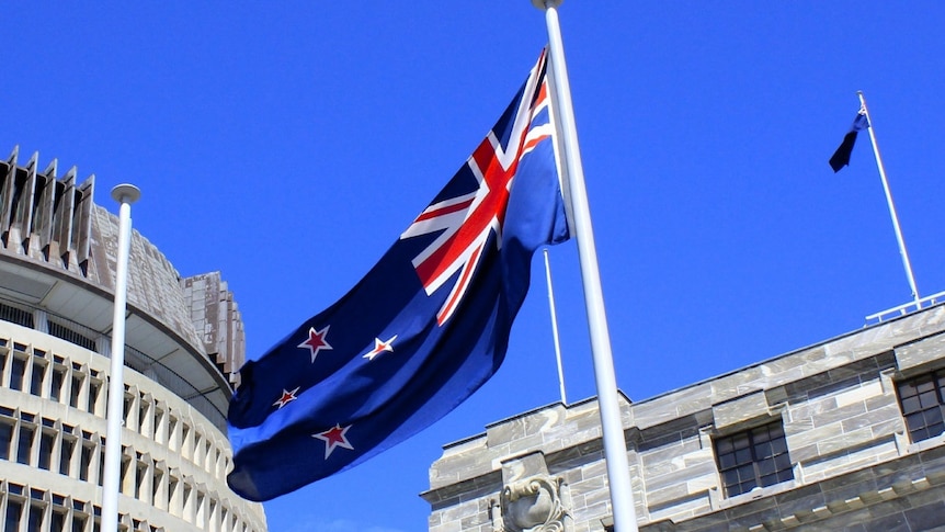 New Zealand flag in front of civic buildings.