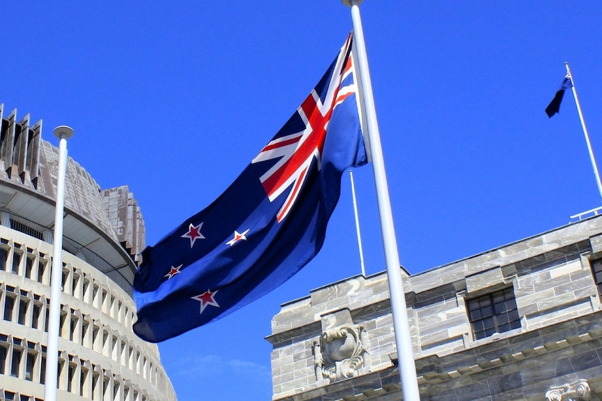 New Zealand flag in front of civic buildings