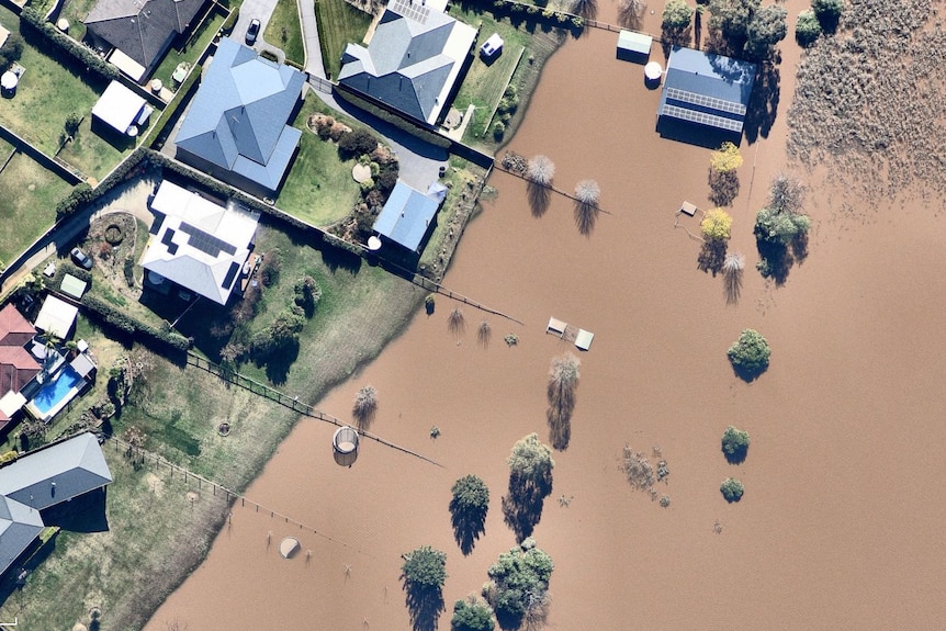 over head shot where brown water has replaced backyards, leaving trees and trampolines exposed