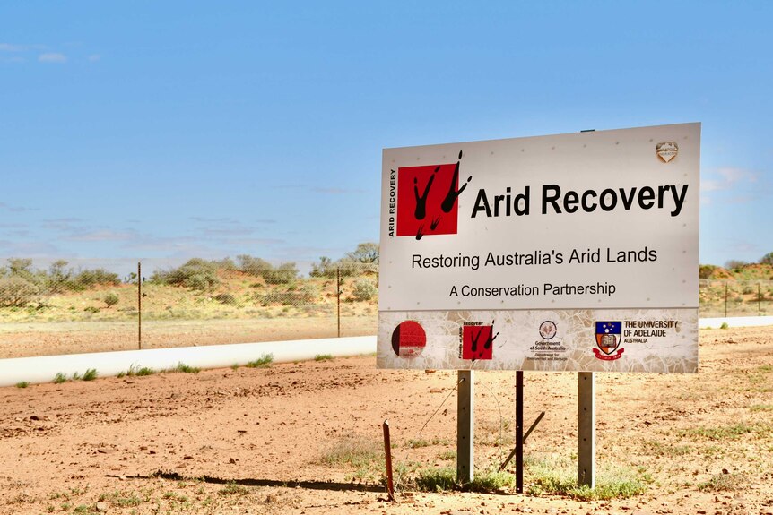 A large white sign with red letters saying 'Arid Recovery' sits in front of a long and high wire fence.