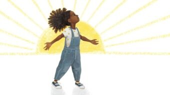 An illustration of a girl with dark skin standing in front of a sun.
