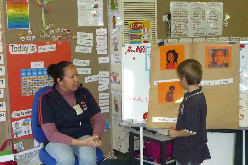 Shaneane teaching Wangkatja language in the classroom during one of her teacher trainee placements.