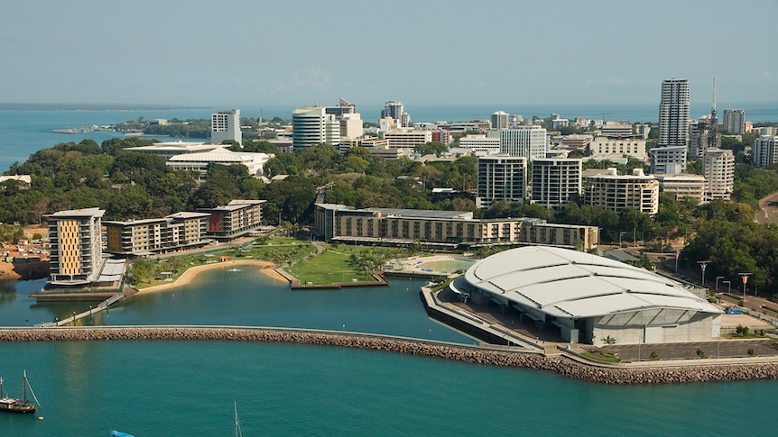 An aerial photo of Darwin's waterfront precinct.