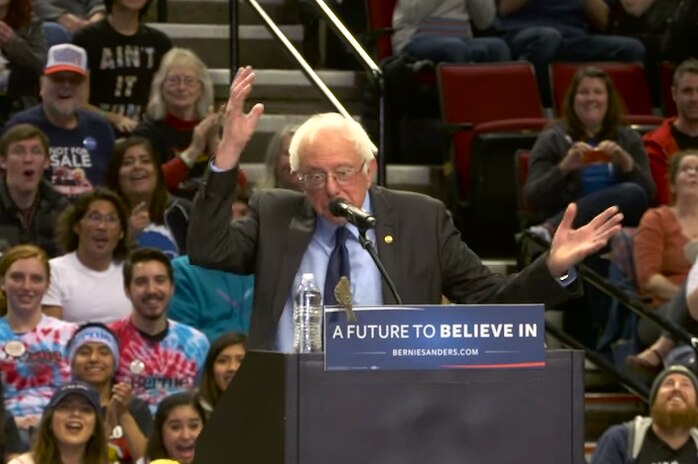 A bird visits Bernie Sanders in Portland rally
