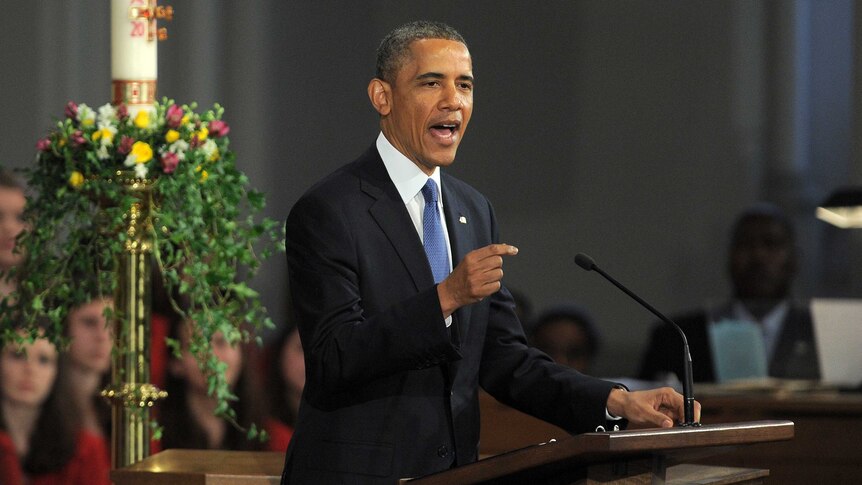 US president Barack Obama speaks during service for the Boston bombing victims