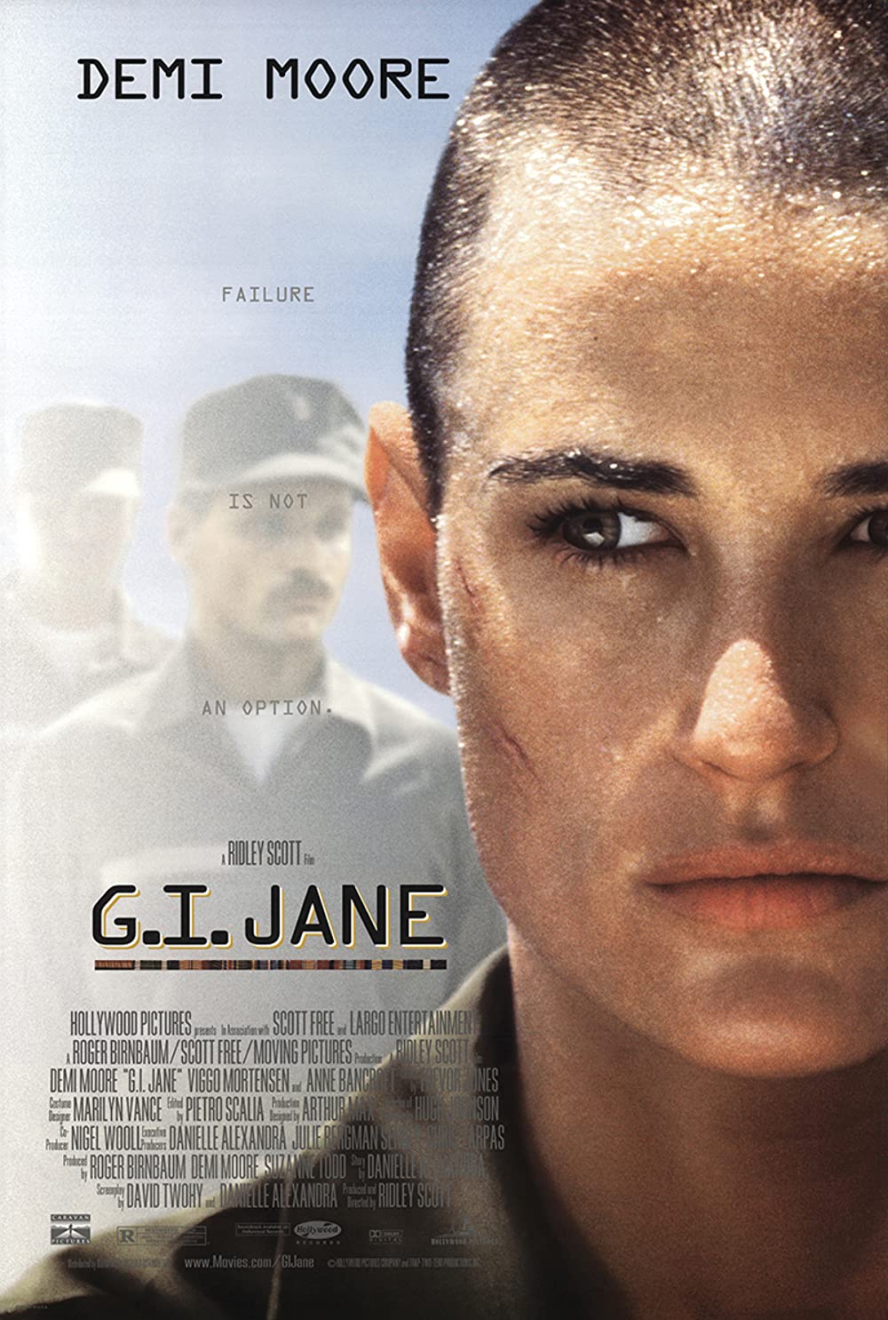 A promotional poster for film G.I. Jane, with actor Demi Moore's face and shaved head in front of two men in military uniform.