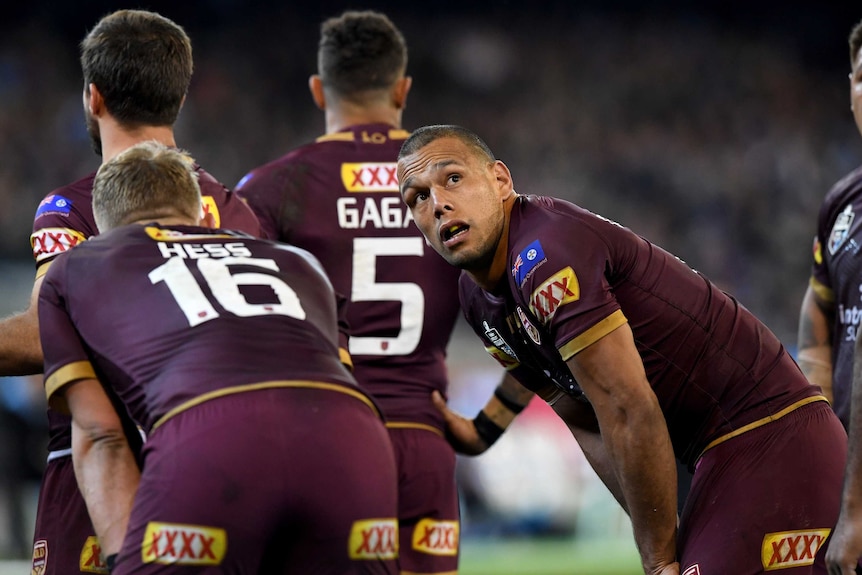 Will Chambers looks over his shoulder during a break in play in State of Origin I.