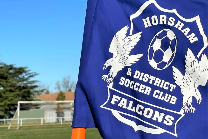 A blue flag of a soccer club with a goal in the distance