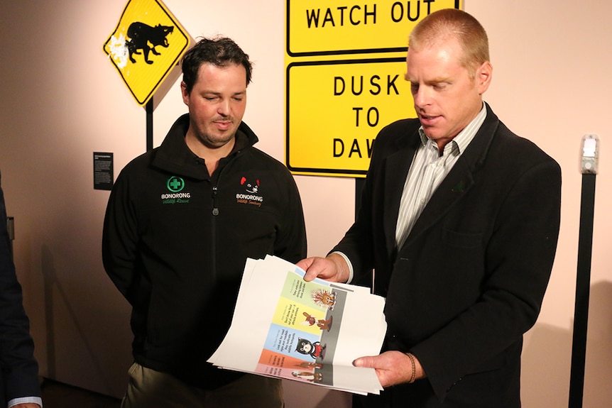 Greg Irons and and the Wilderness Society's Vica Bayley launch the roadkill prevention campaign