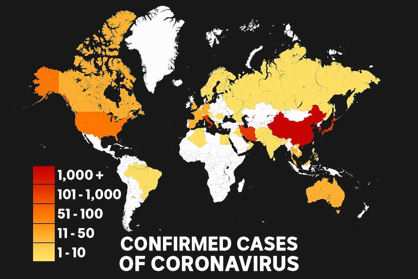 A map depicting the number of countries affected by coronavirus as of 9am February 27, 2020.