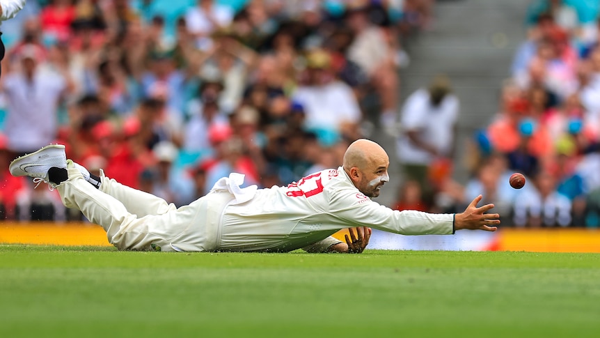 Australia bowler Nathan Lyon reaches for a cricket ball hovering in the air.