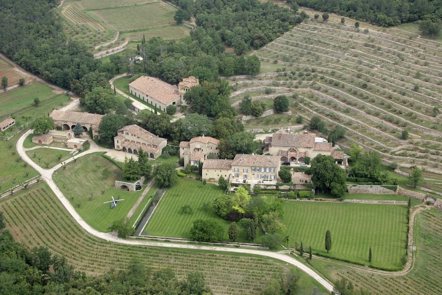 An aerial photograph of the Chateau Miraval property in Correns, southern France.