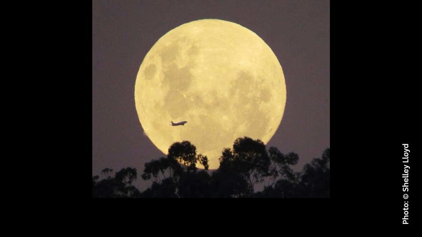 A view of the moon with a plane crossing