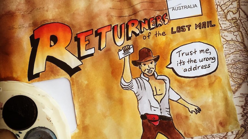 An envelope painted brown with Returners of the Lost Mail written above a caricature of Indiana Jones.
