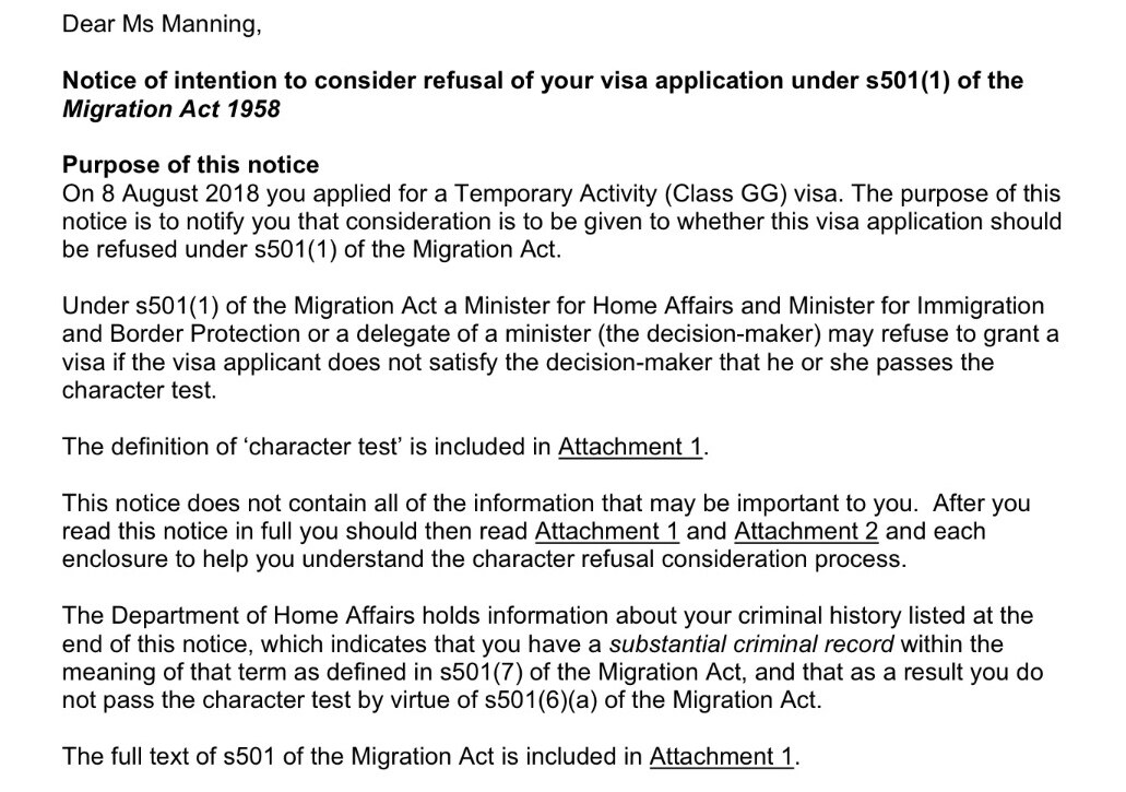 Notice of intention from the Australian Federal Government to refuse Chelsea Manning's visa.