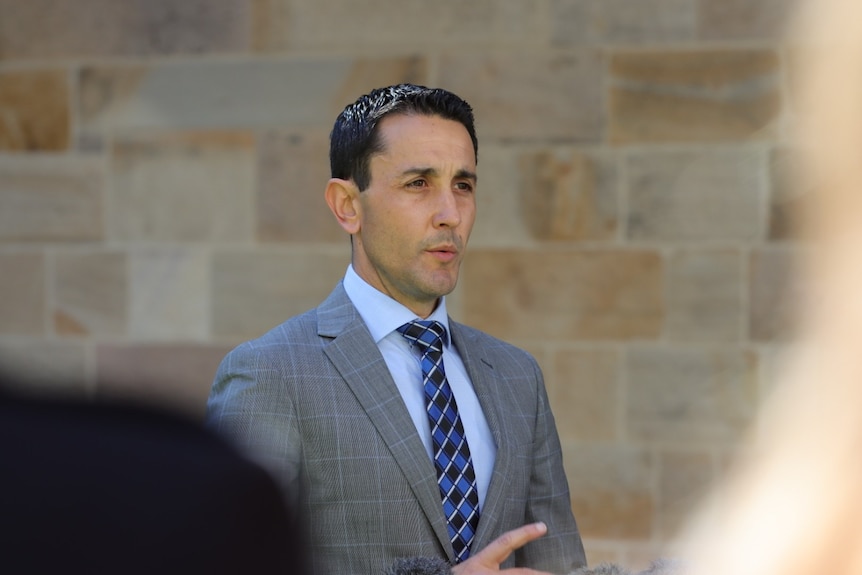 Opposition Leader David Crisafulli speaking to the media outside Parliament