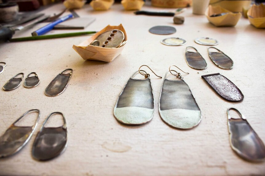 Jill Hermans' earrings - a work in progress in her studio in Clifton Creek.