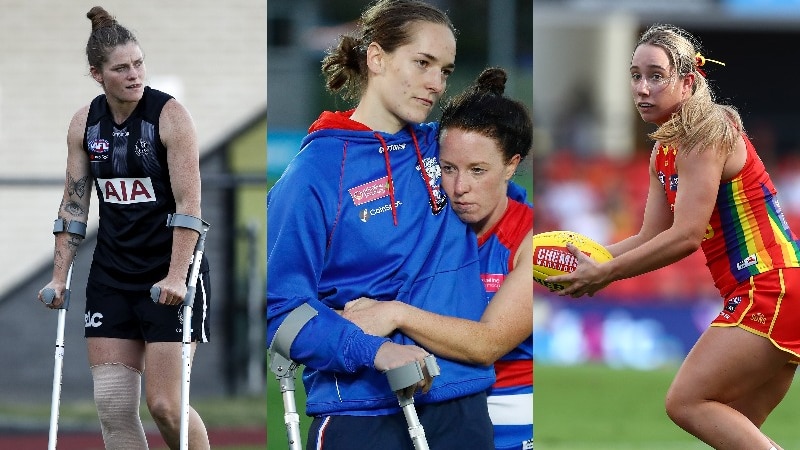 Bri Davey on crutches at training, Isabel Huntington comforted by teammate Brooke Lochland and Jacqui Yorston