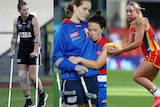 Bri Davey on crutches at training, Isabel Huntington comforted by teammate Brooke Lochland and Jacqui Yorston
