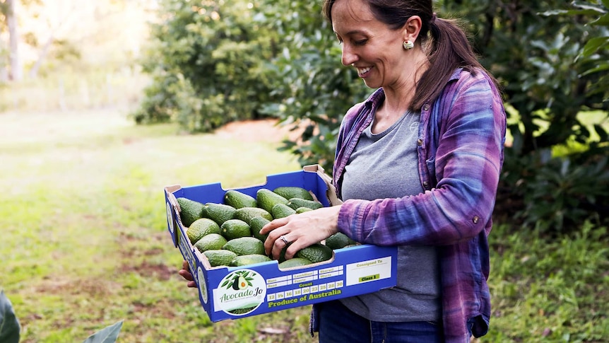 This is a photo of a young woman with brown hair who is smiling while holding a basket of ripe avocados