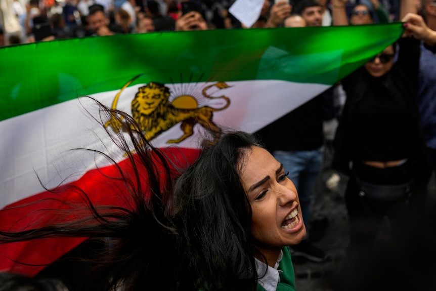 A woman screams out, her hair flowing behind her, in front of an Iranian flag with the lion and sun symbol