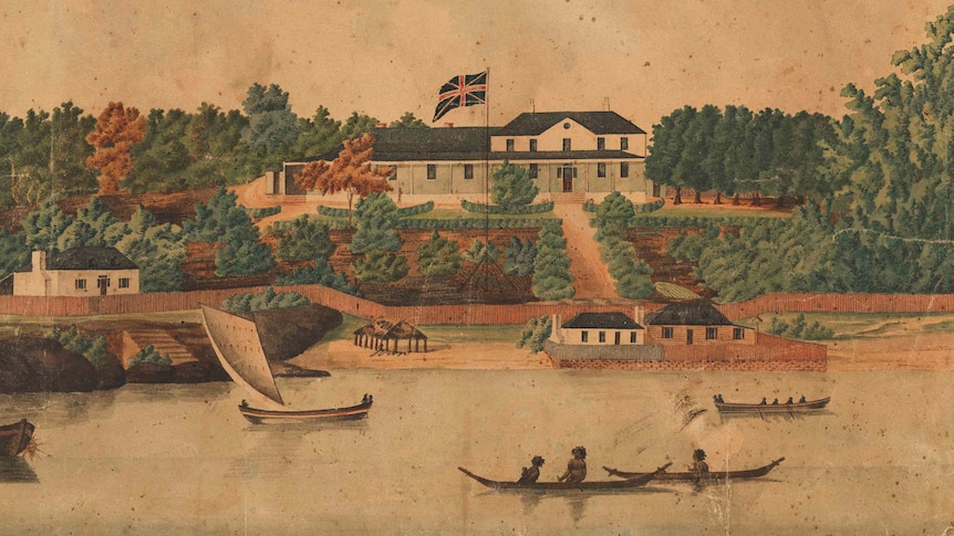 A painting depicts Aboriginal people in canoes in the harbour in front of a stately looking building flying the Union Jack.