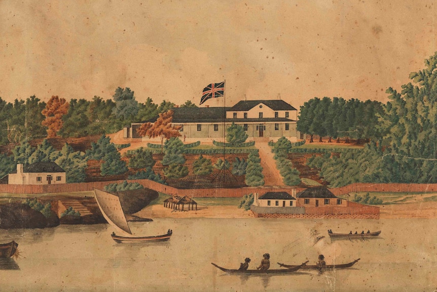 A painting depicts Aboriginal people in canoes in the harbour in front of a stately looking building flying the Union Jack.