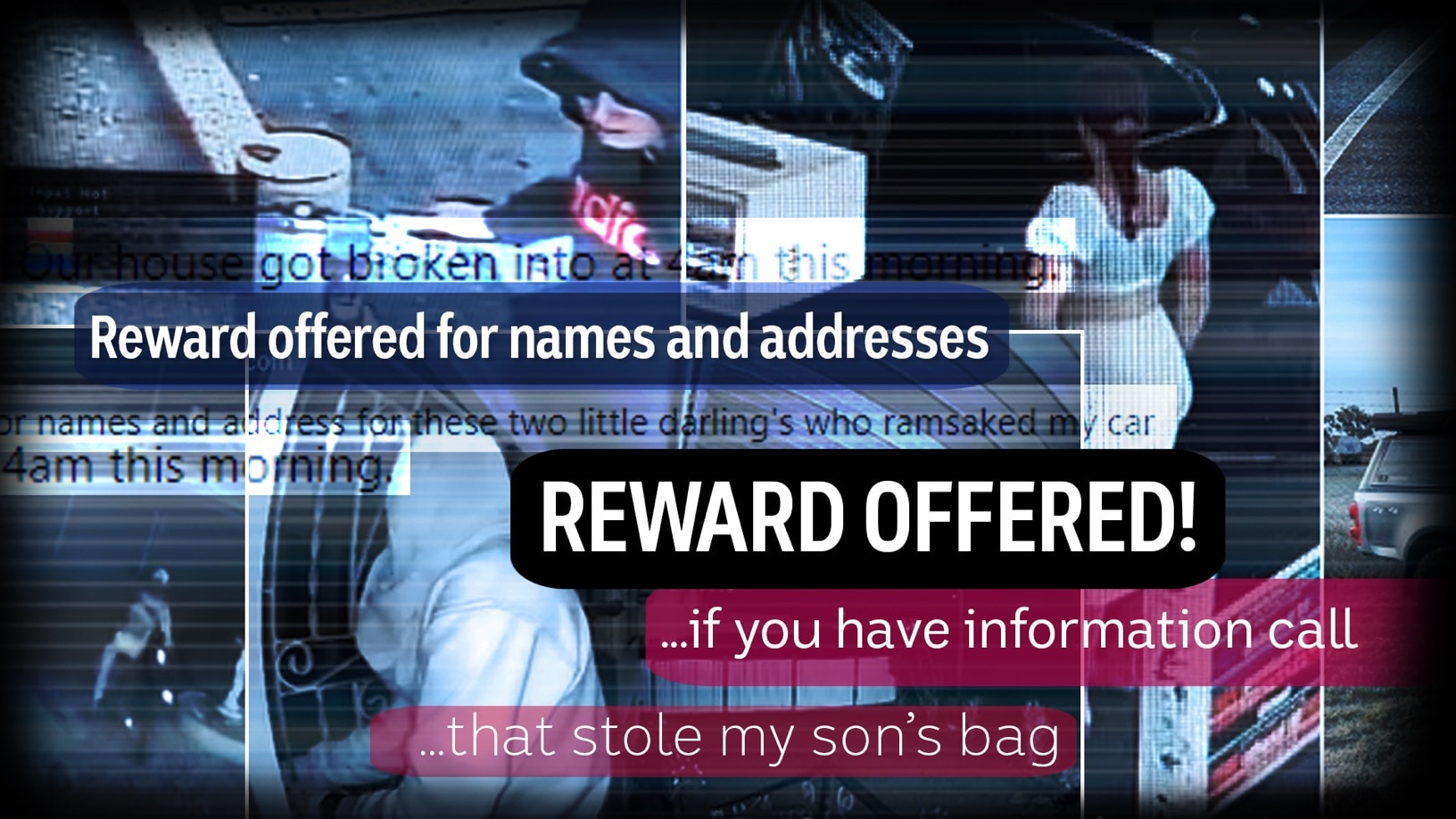 CCTV footage superimposed with comments from Facebook